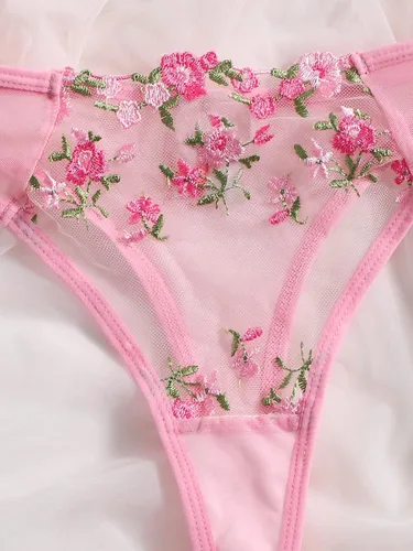 Vista 4 de WDIRARA Conjunto de lencería con aros bordados florales para mujer conjunto de brasier y bragas de malla