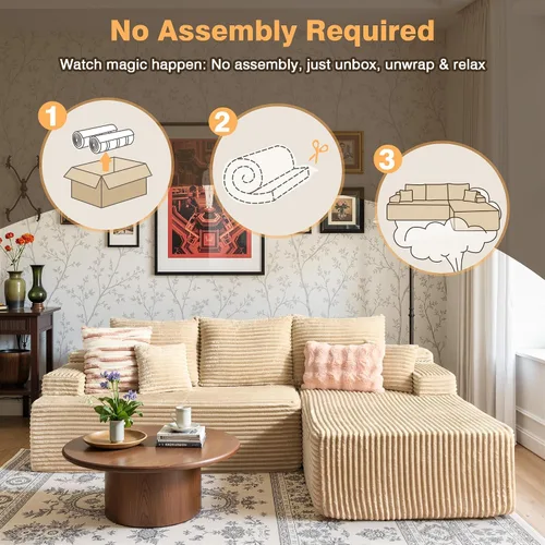 Vista 3 de Sofá modular Cloud de 96 pulgadas con tumbona, asiento profundo en forma de L, moderno sofá cama sin hueso, no requiere montaje, sofás sin hueso