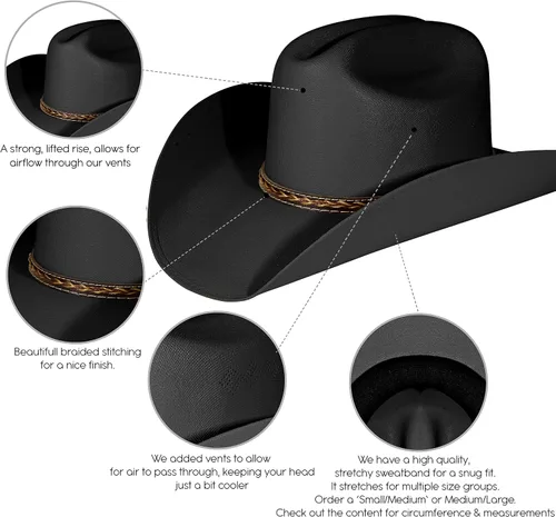 Vista 3 de Enimay Sombrero de vaquero del viejo oeste y vaquera, estilo de ala ancha