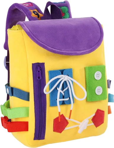 Vista 7 de Busy Board - Mochila para niños pequeños con hebillas y juguetes de actividades de aprendizaje, desarrolla habilidades motoras finas y habilidades
