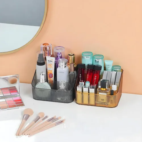 Vista 4 de Organizador de brochas de maquillaje ámbar para tocador, organizador de encimera de baño, 5 tazas, almacenamiento y exhibición de artículos