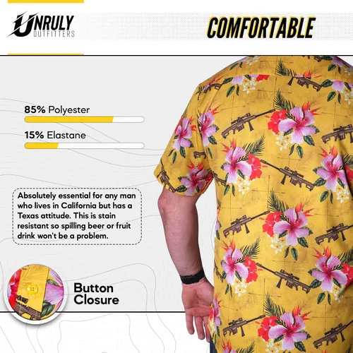 Vista 3 de Unruly Outfitters - Camisa hawaiana novedosa para hombre, rifles de francotirador y flores para el trabajo, fiesta, barbacoa