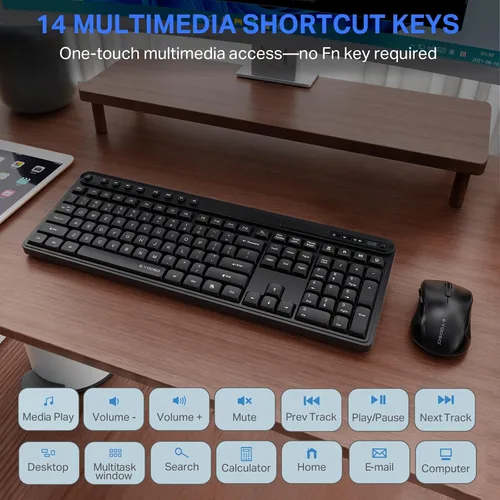Vista 6 de E-YOOSO - Combo de teclado y mouse inalámbricos, teclado inalámbrico de computadora de tamaño completo y mouse óptico, combo inalámbrico USB sin