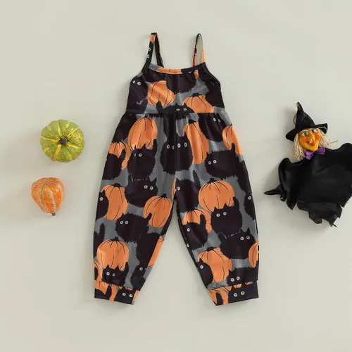 Vista 2 de Emmababy Enterizo de Halloween para niños y niñas pequeñas, con estampado de calabaza, fantasmacaricatura, gato, calabaza, sin mangas, 1-6T, overol