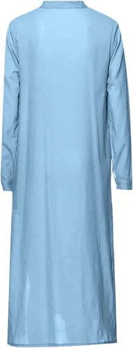 Vista 59 de Vestido de manga larga para mujer, casual, de algodón, lino, con botones, maxivestidos tipo caftán, blanco y azul