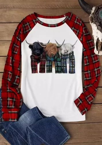 Vista 2 de AIMITAG Cow Highland Cattle - Sudadera para mujer, diseño de vaca occidental, estampado de vida de granja, casual, otoño, búfalo a cuadros, Blanco