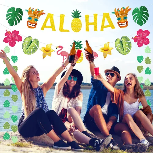 Vista 2 de Decoraciones de fiesta hawaiana Aloha – Cartel dorado brillante Aloha para suministros de fiesta temática de Luau tropical de Hawaii