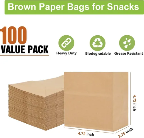 Vista 2 de Pequeñas bolsas de papel marrón para aperitivos, paquete de 100, bolsas de papel kraft a prueba de grasa, reciclables y biodegradables, pequeños