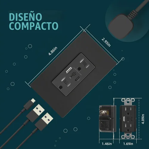 Vista 5 de TOPELER Toma de pared USB, receptáculo de cargador USB de 4.8 A con puertos tipo A y tipo C, enchufe dúplex de 15 amperios resistente a