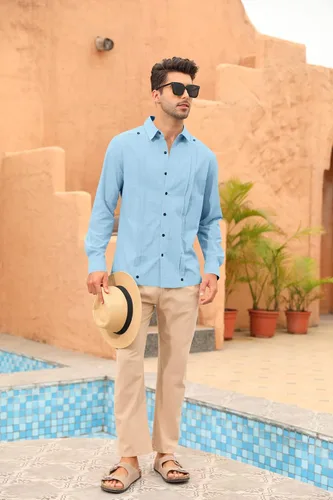 Vista 2 de Angeun Guayabera - Camisa de manga larga con botones, de algodón y lino, casual, hippie, cubano, campamento, playa