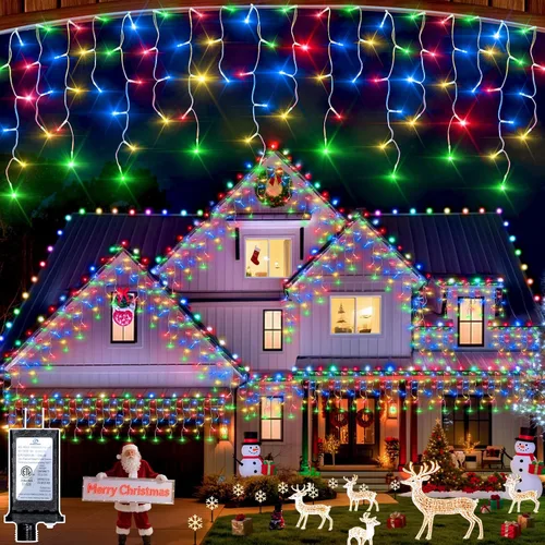 Vista 9 de Luces de Navidad de carámbano para exteriores, 60 pies, 612 luces LED con 136 gotas, 12 modos, regulable, temporizador y resistente al agua, 29 V