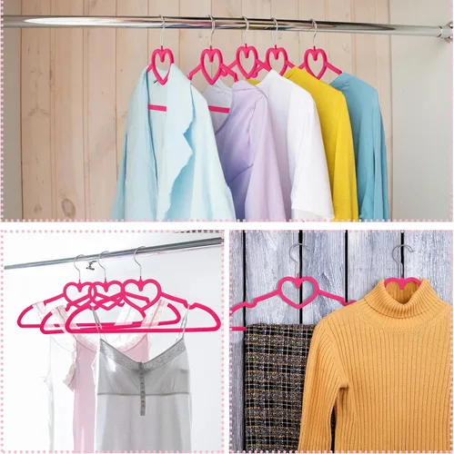 Vista 6 de Qunclay 50 piezas de perchas de terciopelo rosa brillante con forma de corazón, perchas antideslizantes de fieltro para ropa, percha de corazón