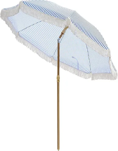 Vista 8 de Umberlla de patio bohemio de 6.5 pies con flecos, sombrilla para exteriores UPF50+ con varillas de fibra de vidrio y botón de inclinación, paraguas