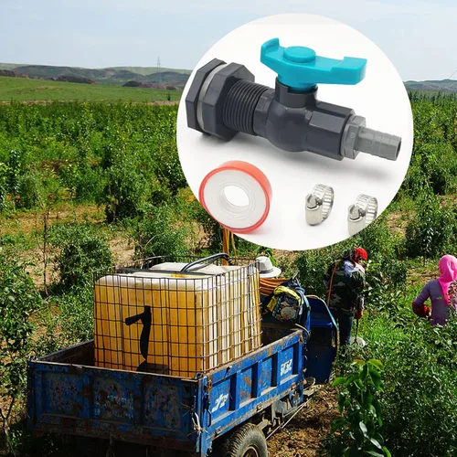 Vista 7 de Kit de grifo de PVC con espita de barril de lluvia con accesorio de mamparo, válvula de bola, adaptador de púas de manguera de jardín, abrazaderas