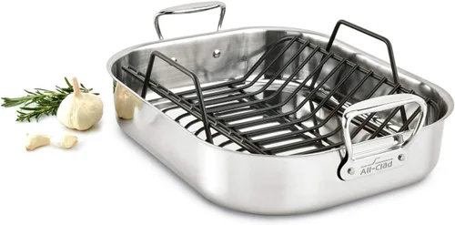 Vista 4 de All-Clad E752S264 Asador pequeño de acero inoxidable apto para lavavajillas con estante de utensilios de cocina, color plateado, L, Acero inoxidable