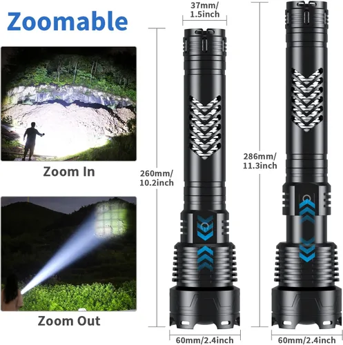 Vista 5 de Linterna LED súper brillante Weoxi, 1000000 lúmenes recargables con mango largo, batería de 10000mAh, 5 modos con zoom para camping al aire libre