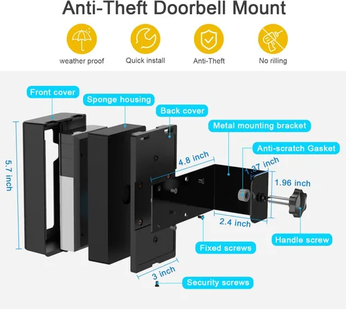 Vista 4 de Soporte de puerta antirrobo, soporte de montaje sin taladro, compatible con timbre de video ajustable, accesorios de montaje para el hogar