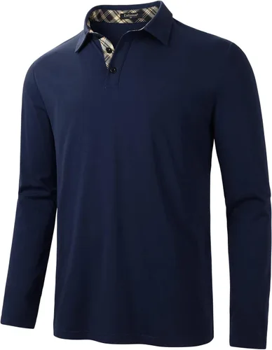 Vista 7 de Long Sleeve Polo Shirts for Men Slim Fit Mens Cotton Polo T Shirts Casual Plaid Collar Shirt Long Sleeve Golf Polos