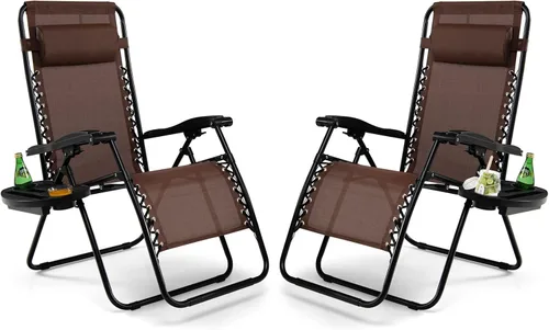 Vista 18 de Tangkula Zero Gravity - Silla plegable para patio, reclinable, ajustable, con soporte para tazas, reposabrazos anchos para patio, jardín, piscina