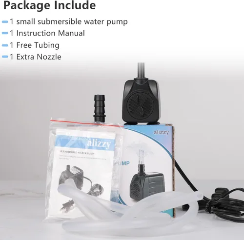 Vista 9 de alizzy Bomba de agua sumergible pequeña y duradera de 150 GPH (570L/H) 10 W con tubo para fuente, acuario, estanque, pecera, hidroponía