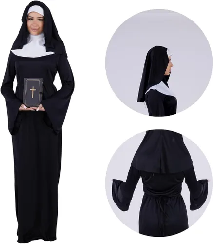 Vista 6 de Disfraz de monja para adultos, bata negra con velo, cuello y cinturón para Halloween
