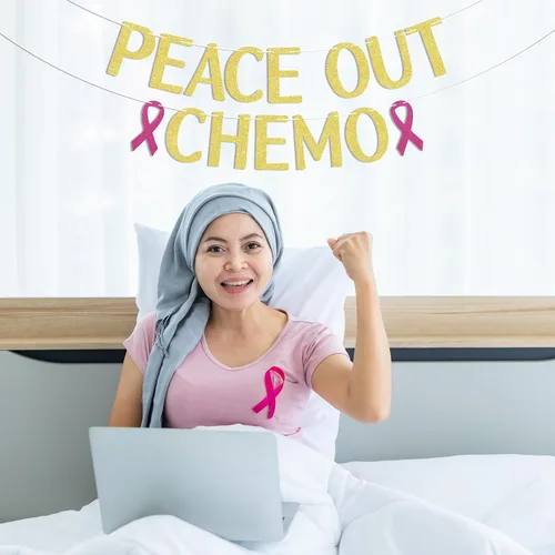 Vista 5 de Cartel de quimioterapia, decoraciones de fiesta de sobrevivientes de cáncer con purpurina dorada, sin cáncer, quimioterapia, pancarta