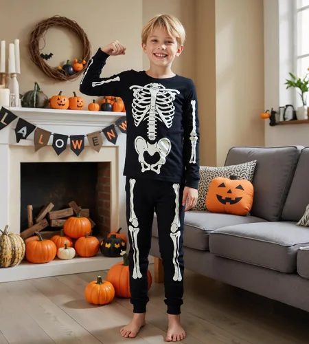 Vista 5 de HONGTEYA Ropa de Halloween para niños y niñas, ropa de esqueleto de algodón para niños pequeños, talla 3-7T