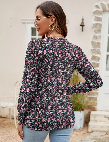 Vista 5 de ZHENWEI Blusa tipo túnica con cuello cuadrado para mujer, manga larga, plisada, holgada, con puños con botones, blusa casual de moda