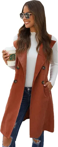 Vista 4 de GORGLITTER Chaleco largo sin mangas con frente abierto para mujer, chaquetas con cuello, cárdigans de línea larga