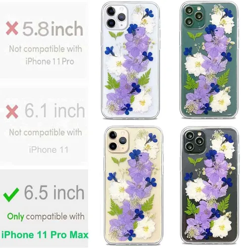 Vista 2 de Abbery Diseñada para iPhone 11 Pro Max, bonita funda transparente con diseño floral, silicona TPU, transparente, seca, flor morada real, moderna