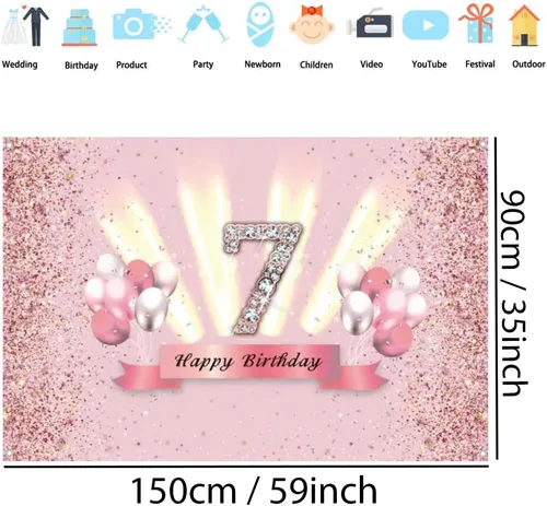 Vista 2 de Decoraciones de feliz cumpleaños 7 para niñas, pancarta de fondo, decoración de fiesta, póster de tela de aniversario, fondo de foto rosa