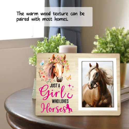 Vista 4 de Marco de fotos de caballo, casa de campo rústico, regalos de flores para amantes de los caballos, marco de fotos con texto en inglés "Just a Girl