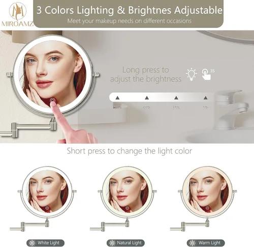 Vista 3 de Espejo de maquillaje recargable montado en la pared iluminado para el tocador de 20 centímetros de doble cara con aumento 1X 10, espejo de baño
