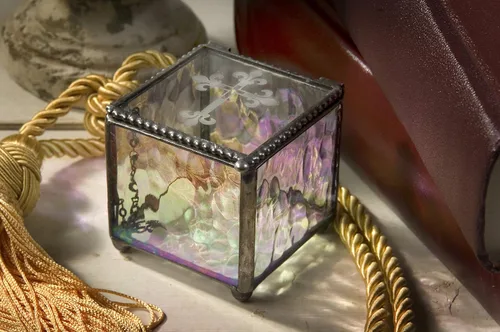 Vista 6 de Caja de cristal de la cruz para regalo de la primera comunión católica caja de rosario religioso joyería de recuerdo de la joyería de Christian RCIA