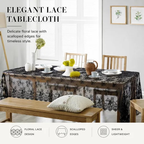 Vista 2 de DUOBAO Mantel de encaje bordado negro de 60 x 120 pulgadas, mantel rectangular resistente a las arrugas, para bodas, fiestas al aire libre y Negrura