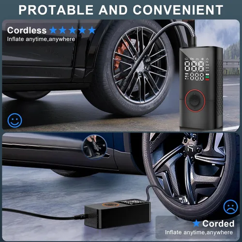 Vista 8 de COOLMAN Inflador de neumáticos, compresor de aire portátil, bomba eléctrica inalámbrica de 150 PSI, inflador de neumáticos portátil con medidor