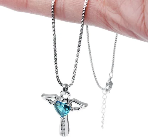 Vista 6 de Ckysee Angel Birthstone Necklaces Heart Cross Necklace for Girls Kids Women Cubic Zirconia Angel Wing Birthstone Heart Charm Pendant Necklace Gifts