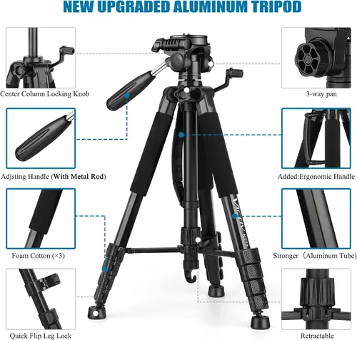 Vista 6 de VICTIV Trípode de cámara de 74 pulgadas, trípode para cámara y teléfono, soporte de trípode profesional de aluminio para Canon Nikon con bolsa