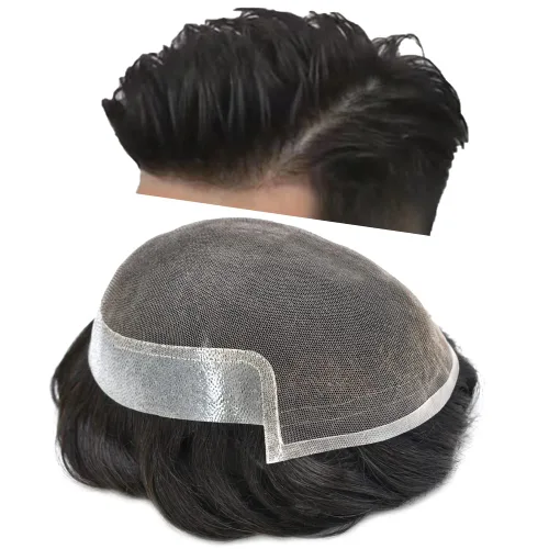 Vista 17 de Tupé para hombre Remy pieza de cabello humano para hombres encaje tupé para hombres nudo blanqueado sistema de reemplazo de cabello para hombre #1