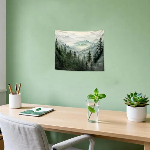Vista 2 de QGHOT Tapiz de bosque brumoso, tapiz de montaña natural para colgar en la pared, paisaje de acuarela verde salvia, arte de pared para dormitorio