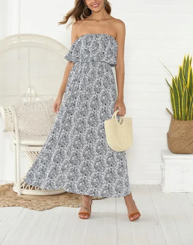 Vista 2 de ZMPSIISA Vestido largo de verano para mujer, con hombros descubiertos, con volantes, sin tirantes, de porcelana, color azul y blanco, bohemio