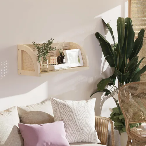 Vista 5 de Estante de pared de ratán de madera, estantes colgantes de 16 pulgadas de largo, estantes naturales montados en la pared, estante flotante fácil