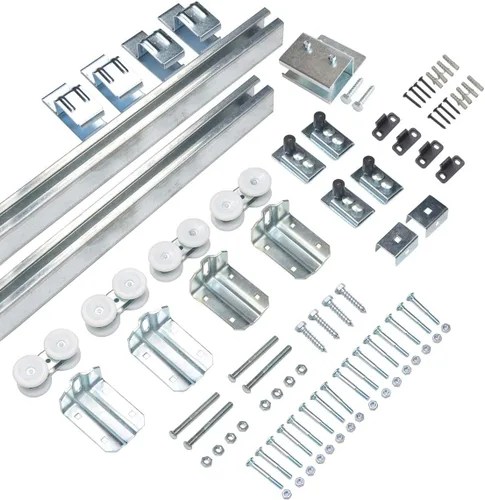 Vista 5 de DIYHD Herrajes para Puerta Corredera Doble Exterior de Granero de Acero Galvanizado de 8 Pies, Kit de Riel de Caja de Montaje en Pared de Servicio