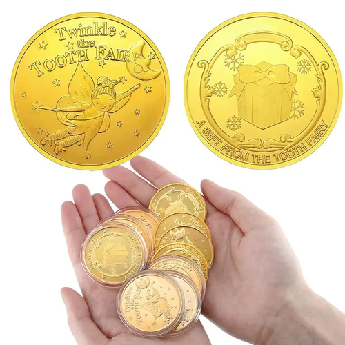 Vista 4 de Monedas de hada de dientes, 10 piezas de recompensa conmemorativa de dientes perdidos, moneda conmemorativa de dientes dentales, moneda de metal