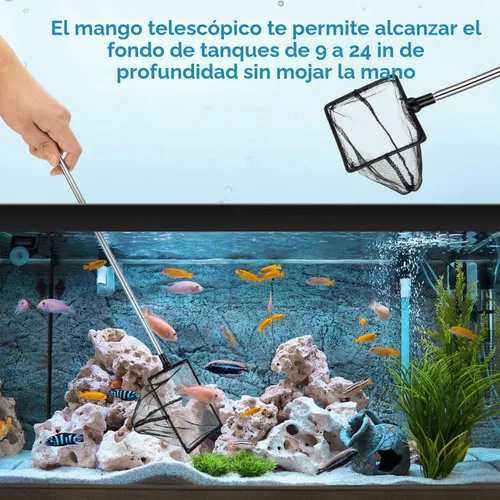 Vista 3 de Sumind 2 redes para pecera, malla para acuario, redes de pesca de mango largo con redes extensibles de acero inoxidable de 12.5 a 27.5 pulgadas