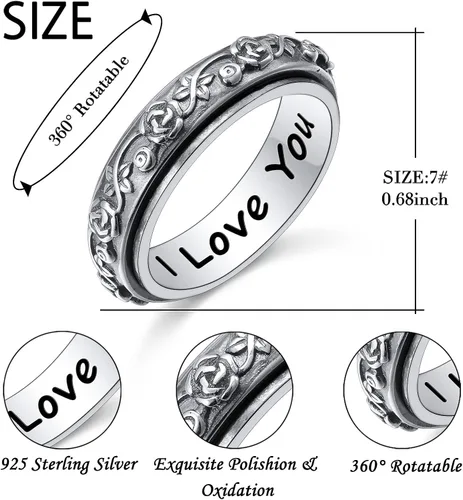 Vista 5 de Anillos giratorios de plata de ley S925 para aliviar la ansiedad y el aburrimiento, TDAH, autismo, banda para mujeres y adolescentes, Plata Esterlina