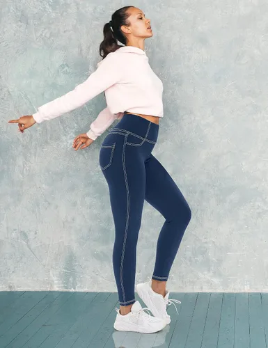 Vista 5 de VOOVEEYA Leggings de cintura alta para mujer, leggings con bolsillos, control de abdomen, tallas grandes, elásticos, pantalones de mezclilla