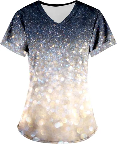 Vista 2 de kangguolai Women T Shirts Casual Women Casual Spring and Summer Colorful Gradient Printing V Neck Short Sleeved T Shirt
