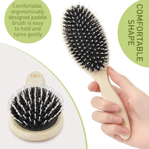 Vista 5 de Cepillo de cerdas de jabalí natural para mujeres, hombres y niños; cepillo desenredante seco y húmedo mejora suavemente el brillo, suaviza