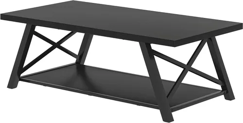 Vista 9 de EXCEFUR Mesa de centro negra, moderna mesa central de madera y metal con estante de almacenamiento, mesa de té rectangular industrial para sala